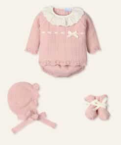 Conjunto bebé niña  4p punto canesú tira bordada y cinta terciopelo "Fleur Vintage"