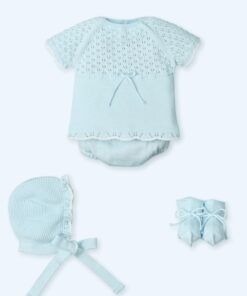 Conjunto bebé 4 Piezas M/C pasacintas, culotte punto con gorro y patucos menguado SERENITY BRODAT