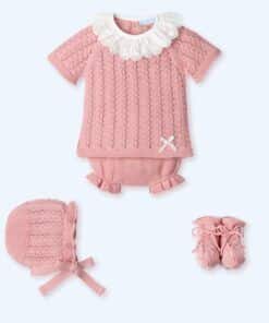 Conjunto bebé 4 Piezas M/C corto culotte, patucos y capota. tira bordada FLORAL RUSTIK