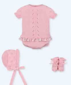 Conjunto bebé 4 Piezas M/C canesú corto, culotte punto con gorro y patucos menguado VIVIANA