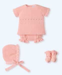 Traje 4 Piezas M/C canesú corto, culotte punto con gorro y patucos menguado PAPAYA